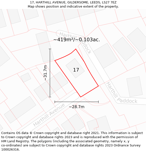 17, HARTHILL AVENUE, GILDERSOME, LEEDS, LS27 7EZ: Plot and title map