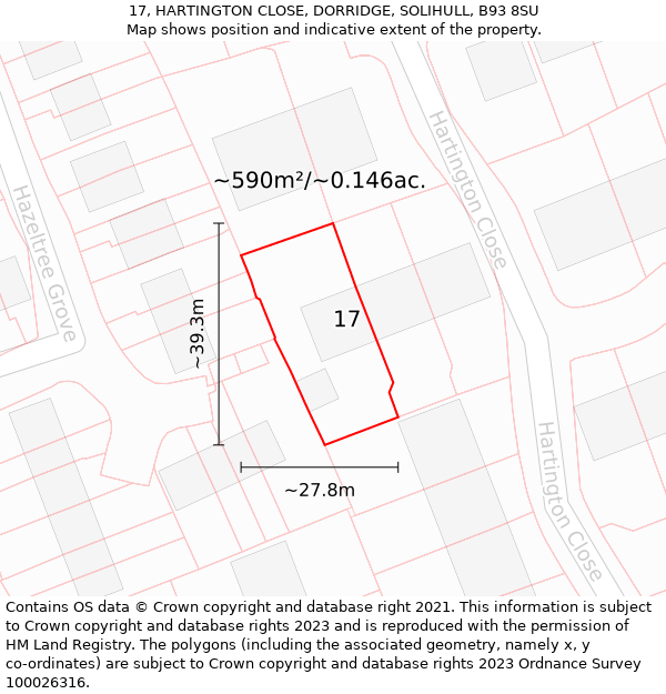 17, HARTINGTON CLOSE, DORRIDGE, SOLIHULL, B93 8SU: Plot and title map