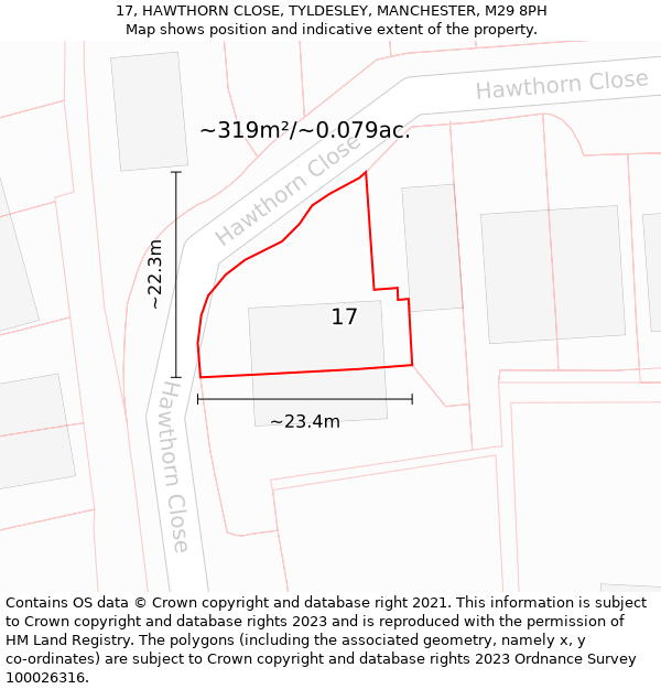 17, HAWTHORN CLOSE, TYLDESLEY, MANCHESTER, M29 8PH: Plot and title map