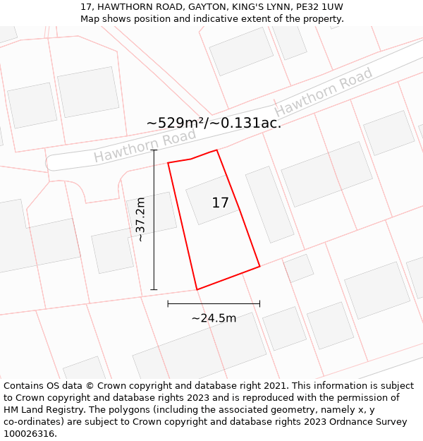 17, HAWTHORN ROAD, GAYTON, KING'S LYNN, PE32 1UW: Plot and title map