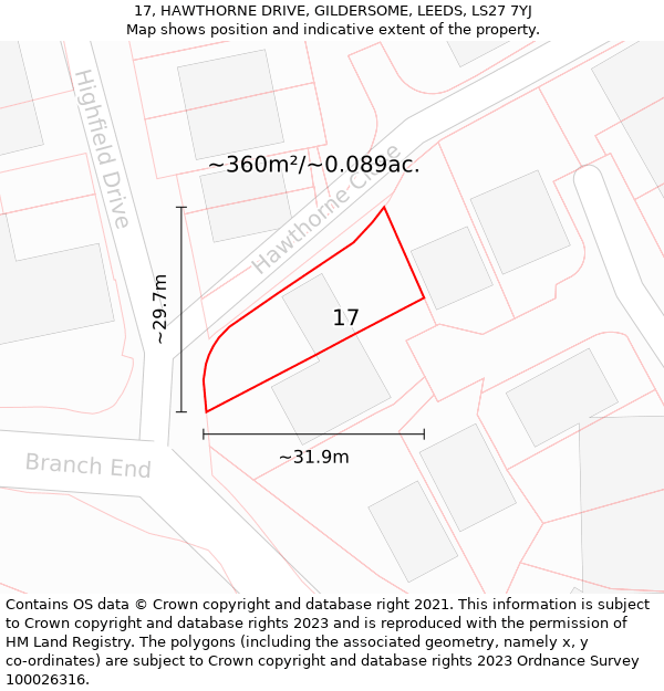 17, HAWTHORNE DRIVE, GILDERSOME, LEEDS, LS27 7YJ: Plot and title map