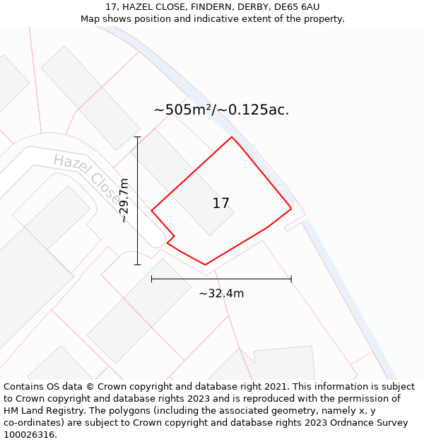 17, HAZEL CLOSE, FINDERN, DERBY, DE65 6AU: Plot and title map