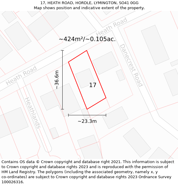 17, HEATH ROAD, HORDLE, LYMINGTON, SO41 0GG: Plot and title map