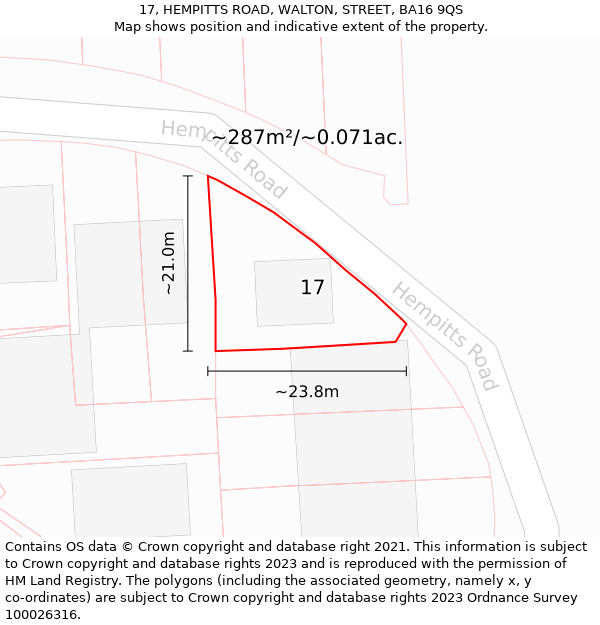 17, HEMPITTS ROAD, WALTON, STREET, BA16 9QS: Plot and title map