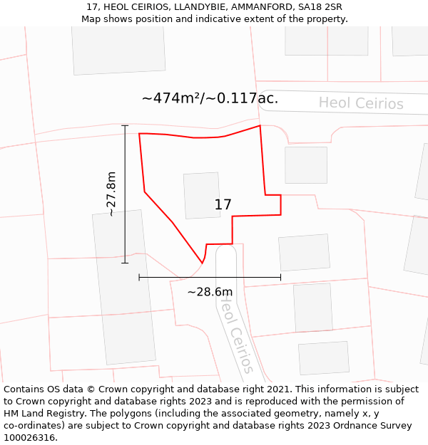 17, HEOL CEIRIOS, LLANDYBIE, AMMANFORD, SA18 2SR: Plot and title map