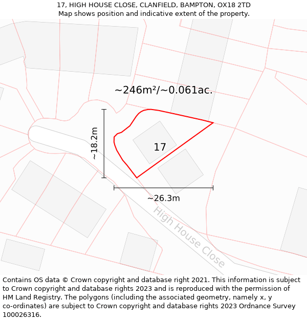 17, HIGH HOUSE CLOSE, CLANFIELD, BAMPTON, OX18 2TD: Plot and title map