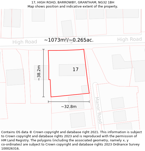 17, HIGH ROAD, BARROWBY, GRANTHAM, NG32 1BH: Plot and title map