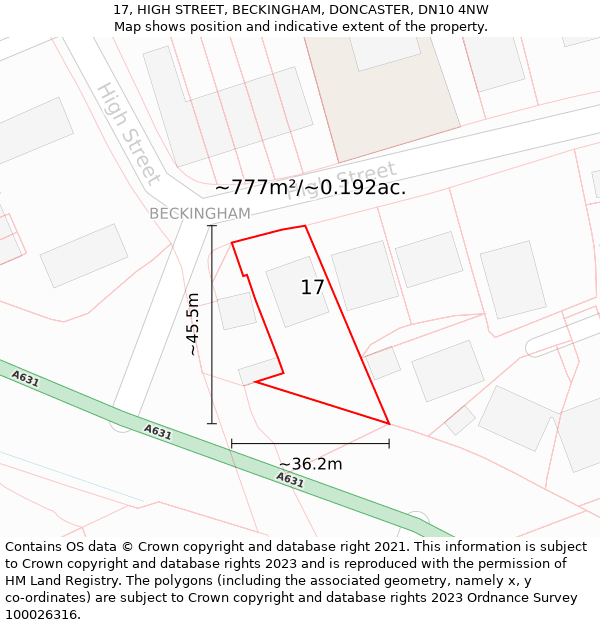 17, HIGH STREET, BECKINGHAM, DONCASTER, DN10 4NW: Plot and title map