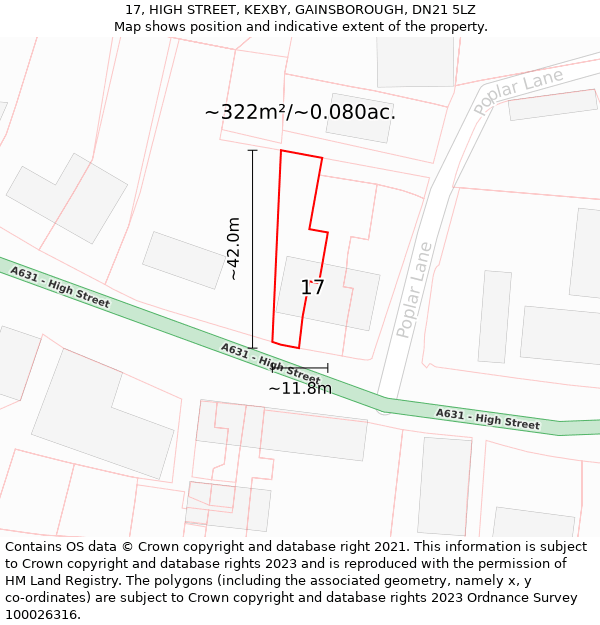 17, HIGH STREET, KEXBY, GAINSBOROUGH, DN21 5LZ: Plot and title map