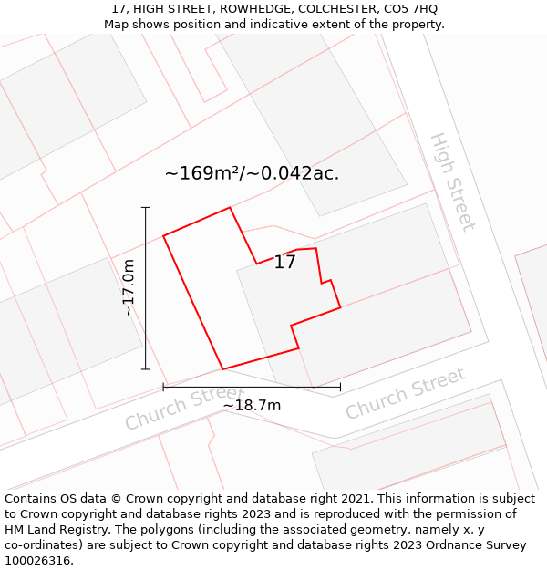 17, HIGH STREET, ROWHEDGE, COLCHESTER, CO5 7HQ: Plot and title map