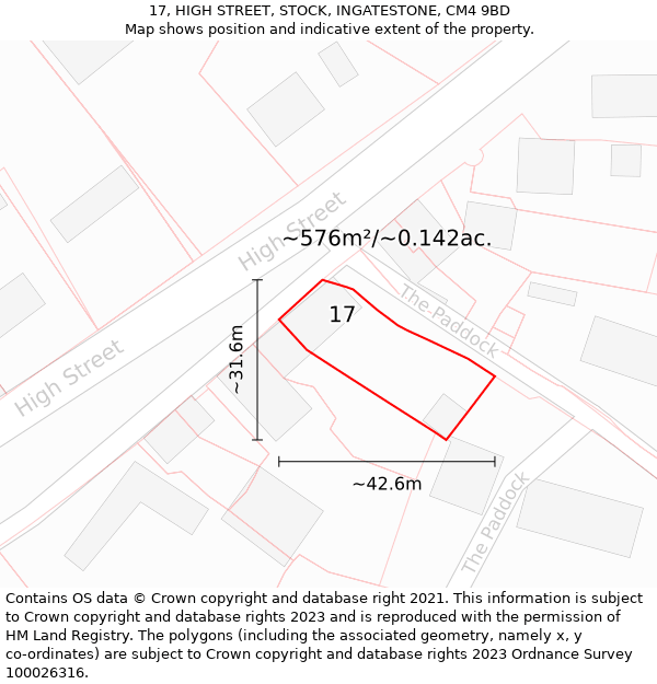 17, HIGH STREET, STOCK, INGATESTONE, CM4 9BD: Plot and title map