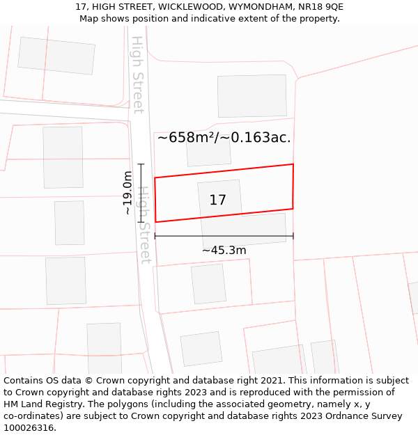 17, HIGH STREET, WICKLEWOOD, WYMONDHAM, NR18 9QE: Plot and title map