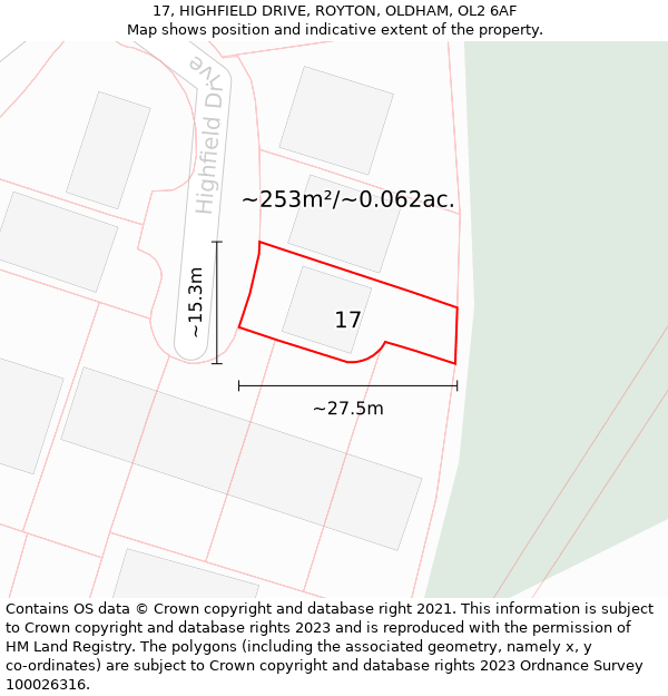 17, HIGHFIELD DRIVE, ROYTON, OLDHAM, OL2 6AF: Plot and title map