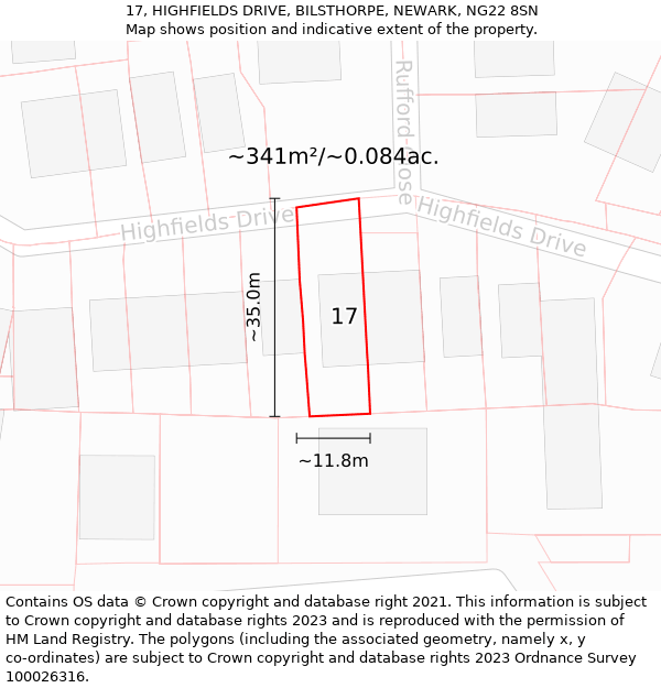 17, HIGHFIELDS DRIVE, BILSTHORPE, NEWARK, NG22 8SN: Plot and title map