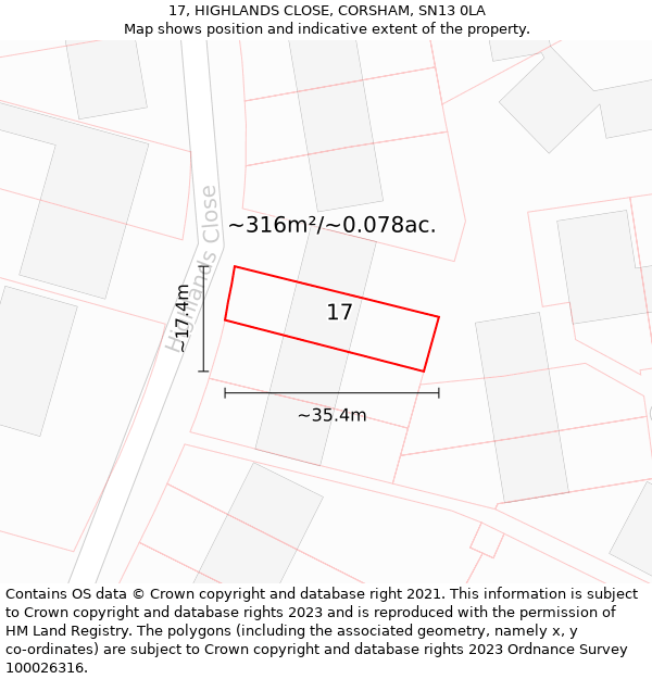 17, HIGHLANDS CLOSE, CORSHAM, SN13 0LA: Plot and title map