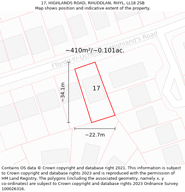 17, HIGHLANDS ROAD, RHUDDLAN, RHYL, LL18 2SB: Plot and title map