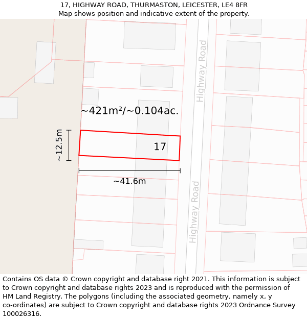 17, HIGHWAY ROAD, THURMASTON, LEICESTER, LE4 8FR: Plot and title map