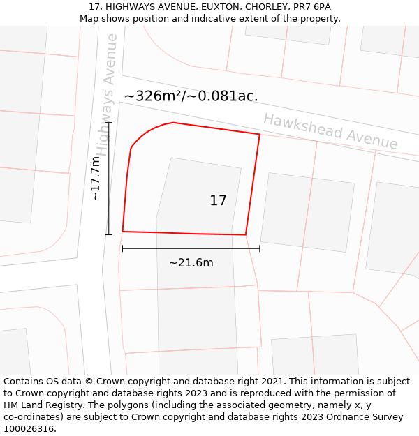 17, HIGHWAYS AVENUE, EUXTON, CHORLEY, PR7 6PA: Plot and title map