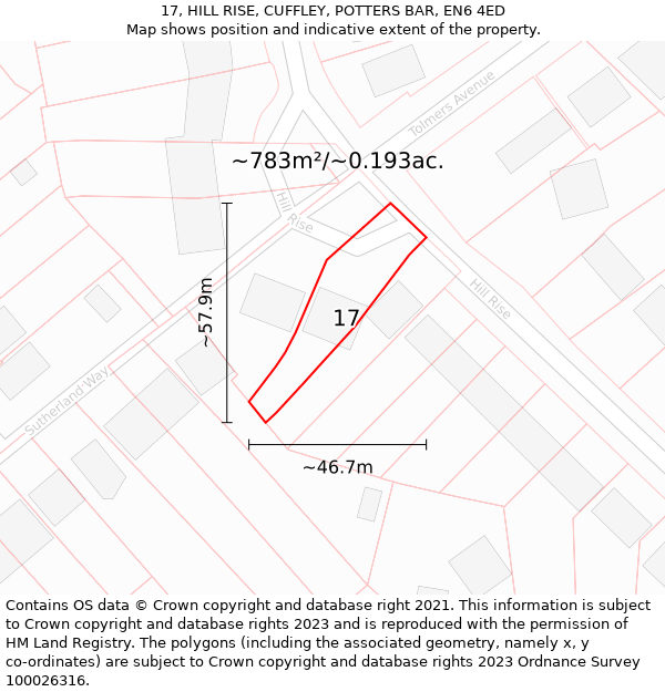 17, HILL RISE, CUFFLEY, POTTERS BAR, EN6 4ED: Plot and title map