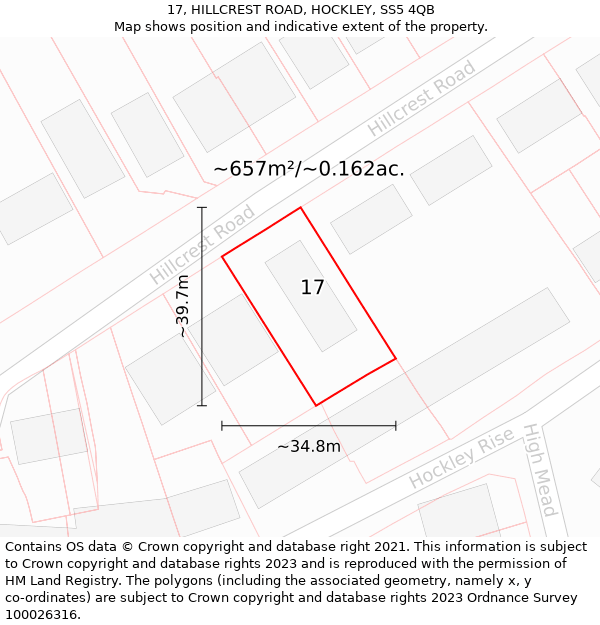 17, HILLCREST ROAD, HOCKLEY, SS5 4QB: Plot and title map