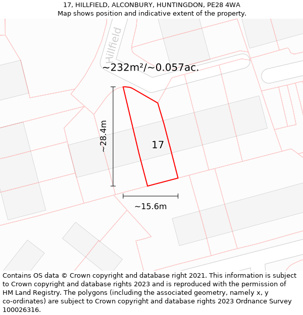 17, HILLFIELD, ALCONBURY, HUNTINGDON, PE28 4WA: Plot and title map