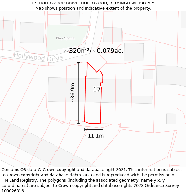 17, HOLLYWOOD DRIVE, HOLLYWOOD, BIRMINGHAM, B47 5PS: Plot and title map