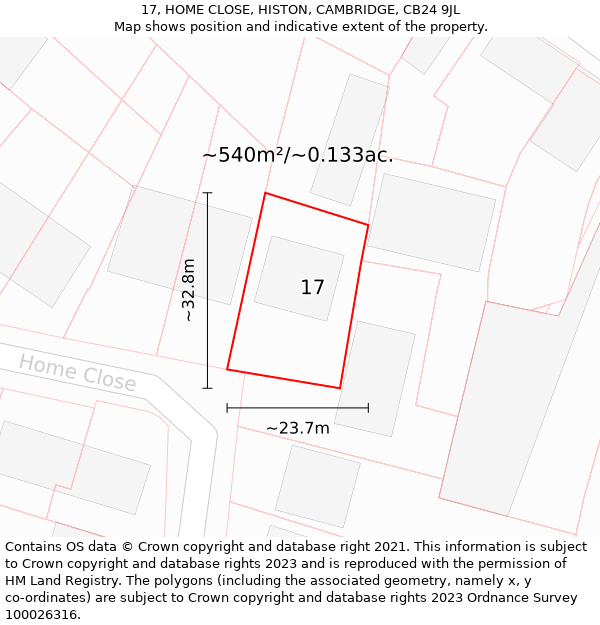 17, HOME CLOSE, HISTON, CAMBRIDGE, CB24 9JL: Plot and title map