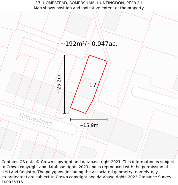 17, HOMESTEAD, SOMERSHAM, HUNTINGDON, PE28 3JL: Plot and title map