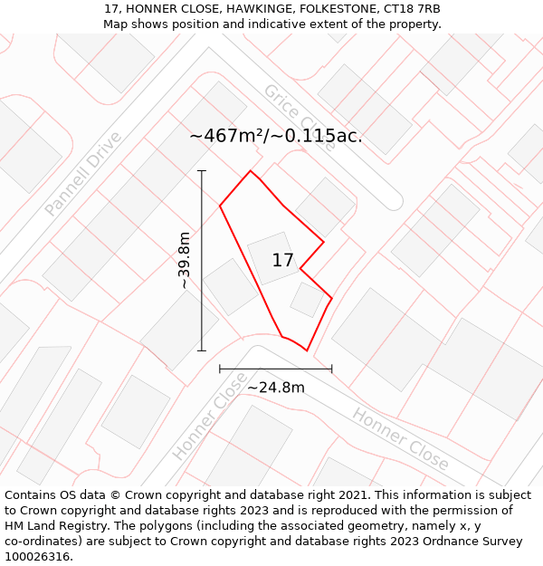 17, HONNER CLOSE, HAWKINGE, FOLKESTONE, CT18 7RB: Plot and title map