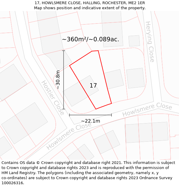 17, HOWLSMERE CLOSE, HALLING, ROCHESTER, ME2 1ER: Plot and title map