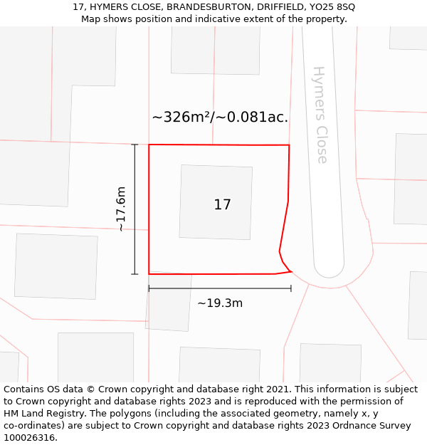 17, HYMERS CLOSE, BRANDESBURTON, DRIFFIELD, YO25 8SQ: Plot and title map