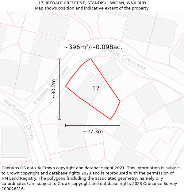 17, IREDALE CRESCENT, STANDISH, WIGAN, WN6 0UD: Plot and title map