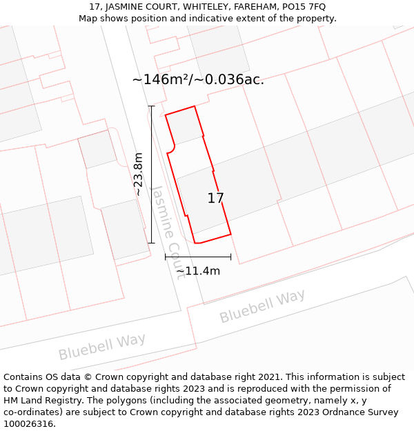 17, JASMINE COURT, WHITELEY, FAREHAM, PO15 7FQ: Plot and title map