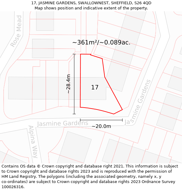 17, JASMINE GARDENS, SWALLOWNEST, SHEFFIELD, S26 4QD: Plot and title map