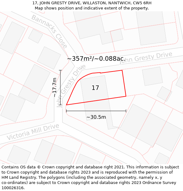 17, JOHN GRESTY DRIVE, WILLASTON, NANTWICH, CW5 6RH: Plot and title map