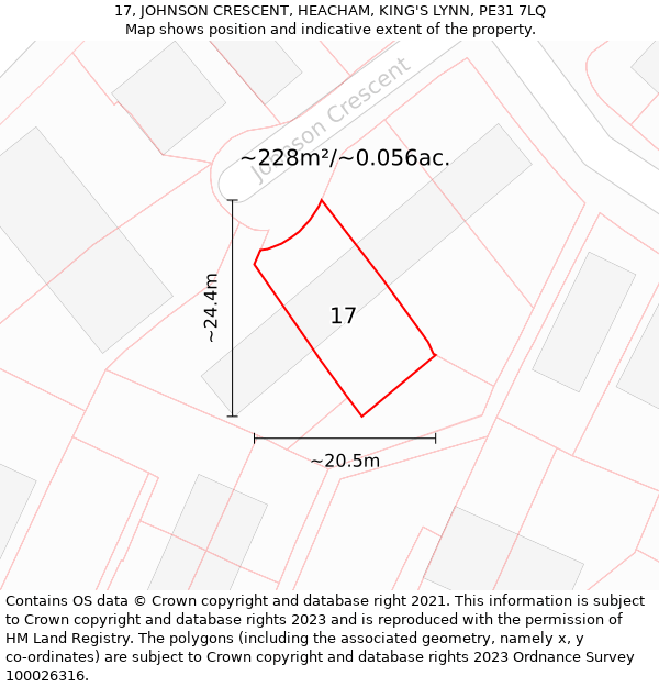 17, JOHNSON CRESCENT, HEACHAM, KING'S LYNN, PE31 7LQ: Plot and title map