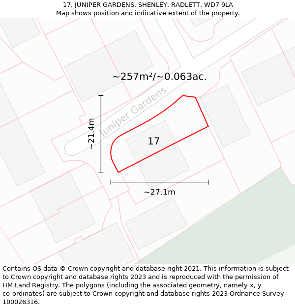 17, JUNIPER GARDENS, SHENLEY, RADLETT, WD7 9LA: Plot and title map