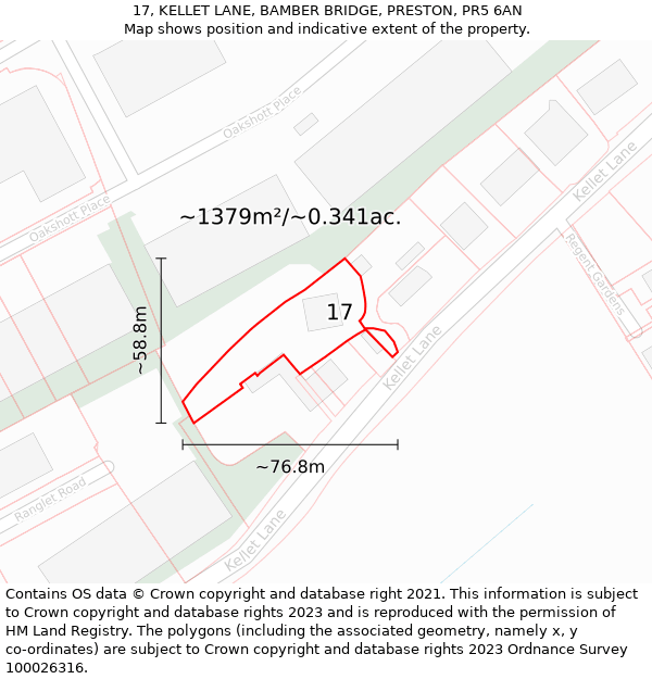 17, KELLET LANE, BAMBER BRIDGE, PRESTON, PR5 6AN: Plot and title map