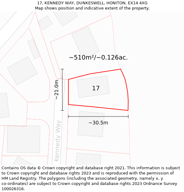 17, KENNEDY WAY, DUNKESWELL, HONITON, EX14 4XG: Plot and title map