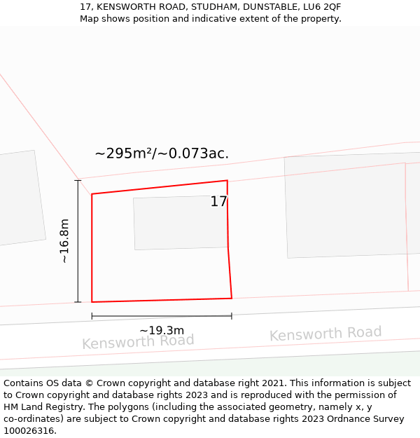 17, KENSWORTH ROAD, STUDHAM, DUNSTABLE, LU6 2QF: Plot and title map