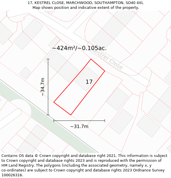 17, KESTREL CLOSE, MARCHWOOD, SOUTHAMPTON, SO40 4XL: Plot and title map