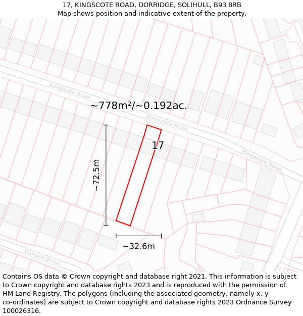 17, KINGSCOTE ROAD, DORRIDGE, SOLIHULL, B93 8RB: Plot and title map