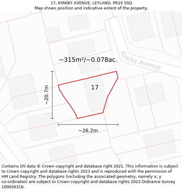 17, KIRKBY AVENUE, LEYLAND, PR25 5SQ: Plot and title map