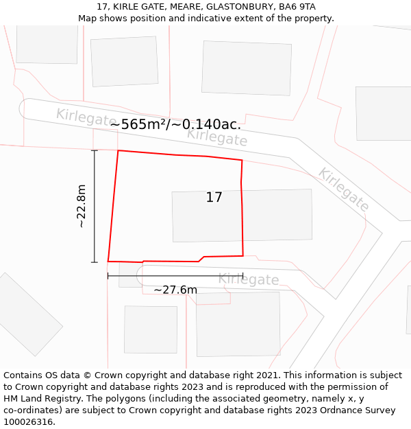 17, KIRLE GATE, MEARE, GLASTONBURY, BA6 9TA: Plot and title map