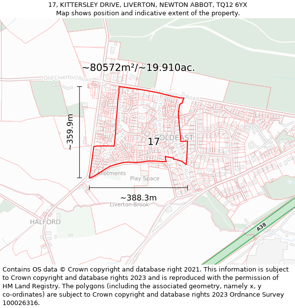 17, KITTERSLEY DRIVE, LIVERTON, NEWTON ABBOT, TQ12 6YX: Plot and title map