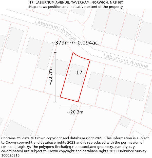 17, LABURNUM AVENUE, TAVERHAM, NORWICH, NR8 6JX: Plot and title map