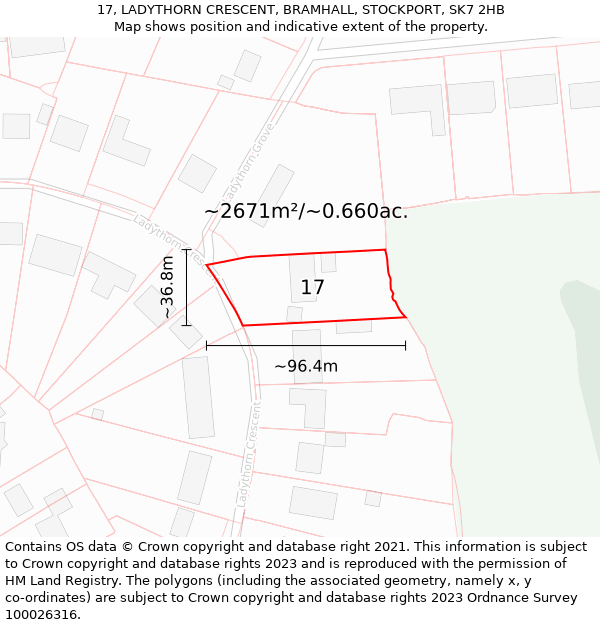 17, LADYTHORN CRESCENT, BRAMHALL, STOCKPORT, SK7 2HB: Plot and title map