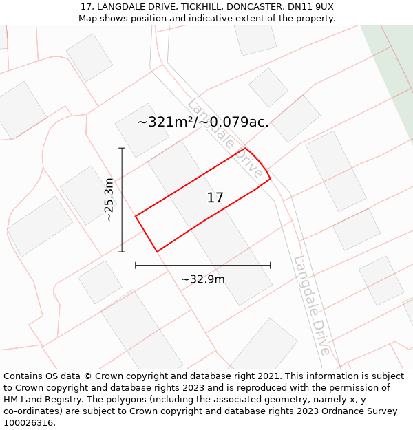 17, LANGDALE DRIVE, TICKHILL, DONCASTER, DN11 9UX: Plot and title map