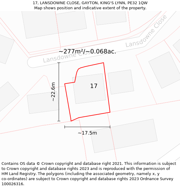 17, LANSDOWNE CLOSE, GAYTON, KING'S LYNN, PE32 1QW: Plot and title map