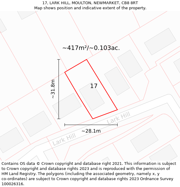 17, LARK HILL, MOULTON, NEWMARKET, CB8 8RT: Plot and title map